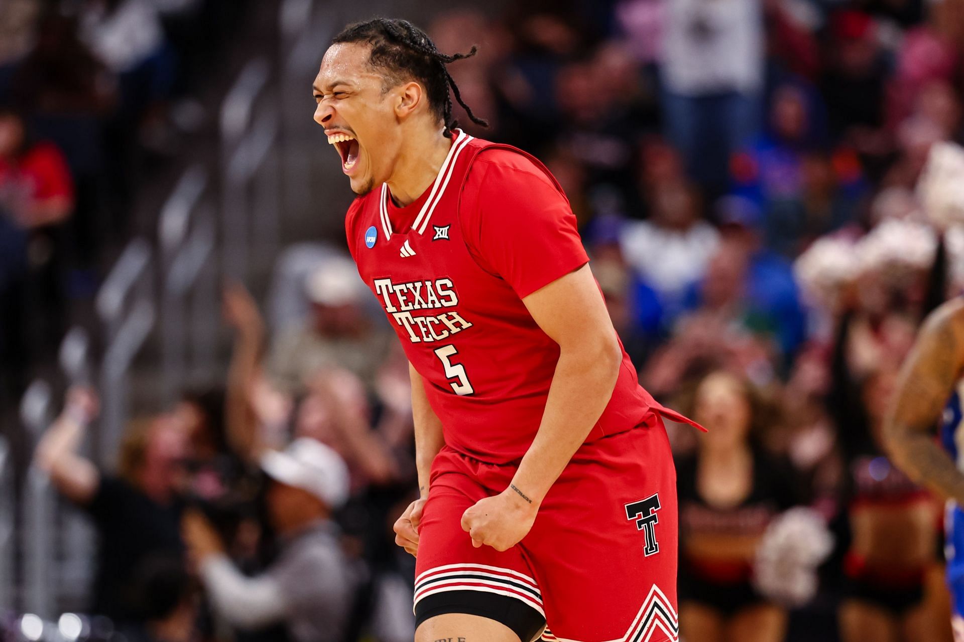 Darrion Williams (#5) of the Texas Tech Red Raiders reacts after scoring during the Elite Eight round of the 2025 NCAA Men's Basketball Tournament held at Chase Center. Photo: Getty